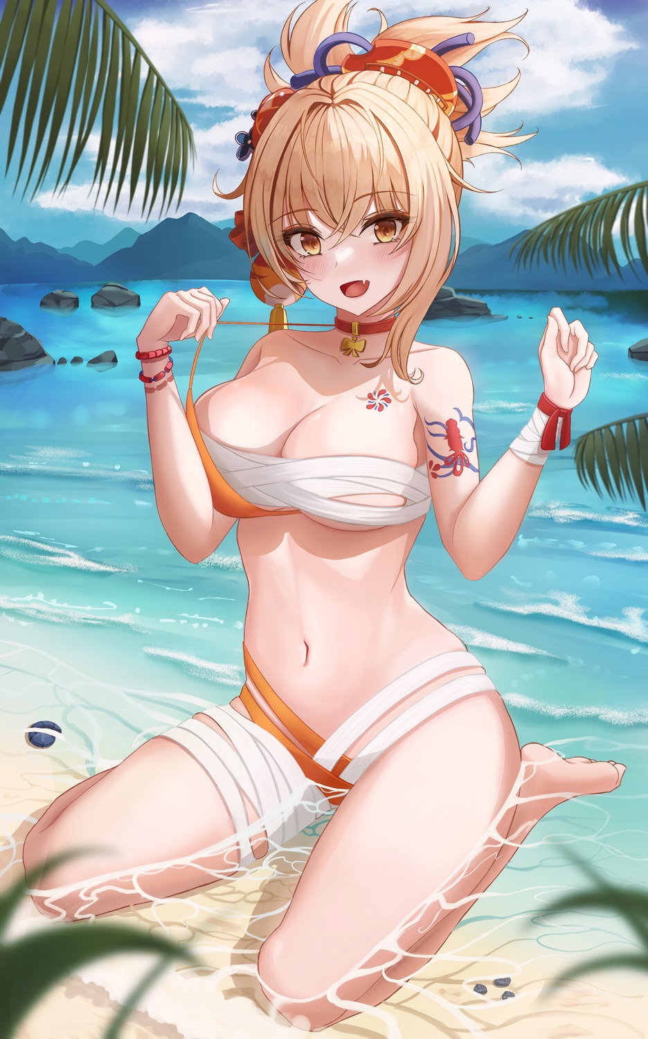 bandages bikini genshin_impact sarashi swimsuits tattoo undressing wet whoing_x2 yoimiya