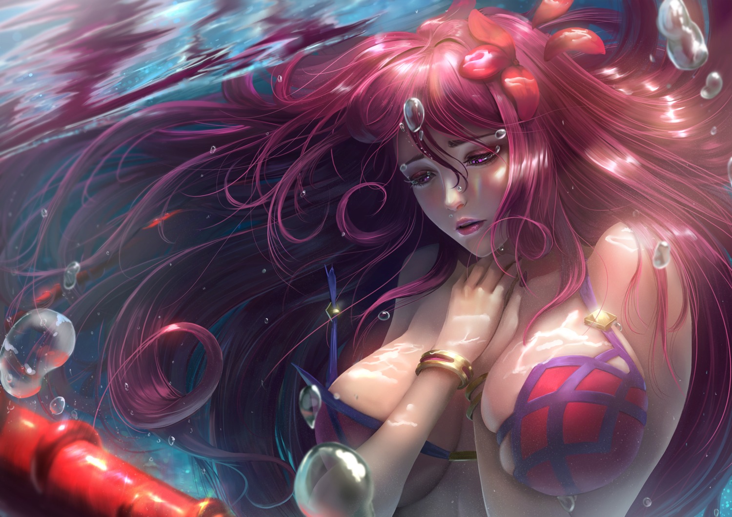 bikini_top breast_hold fate/grand_order limgae scathach_(fate/grand_order) swimsuits