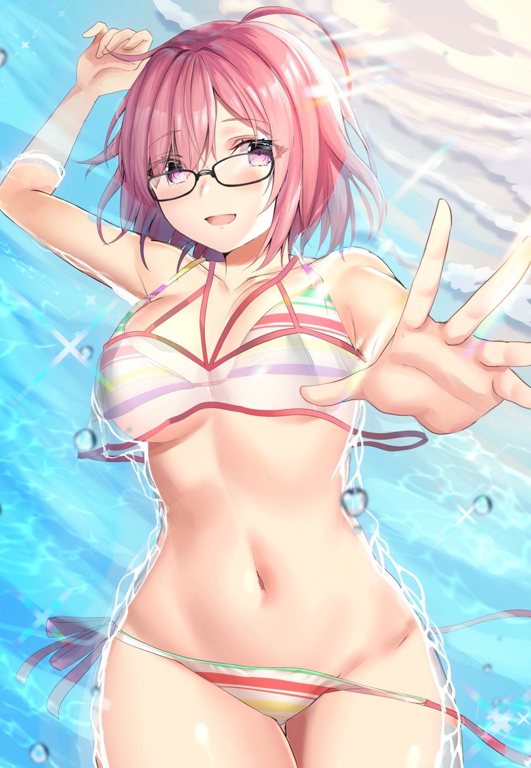 bikini fate/grand_order fou_(ssqseeker) mash_kyrielight megane panty_pull see_through swimsuits wet