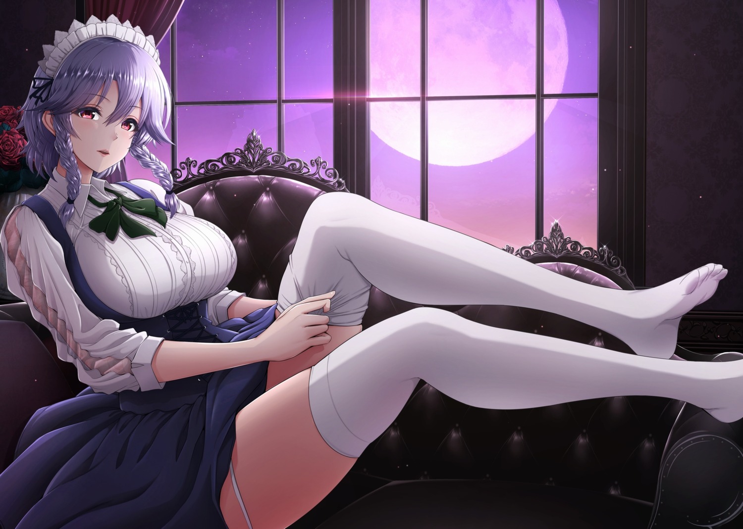 garter izayoi_sakuya maid skirt_lift thighhighs touhou umasan