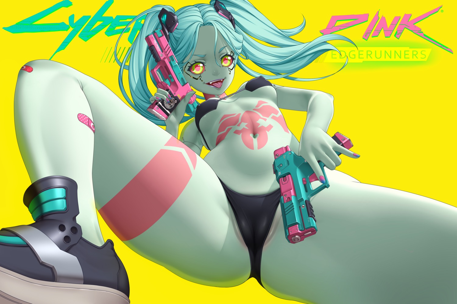 bandaid bikini cameltoe cyberpunk:_edgerunners cyberpunk_2077 erect_nipples gun lucknight mecha_musume rebecca_(cyberpunk) swimsuits tattoo thong