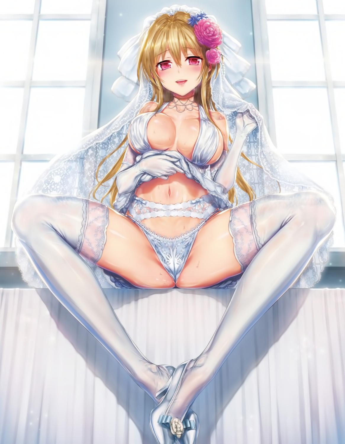 cameltoe dress garter_belt heels hisasi no_bra pantsu skirt_lift string_panties thighhighs thong wedding_dress