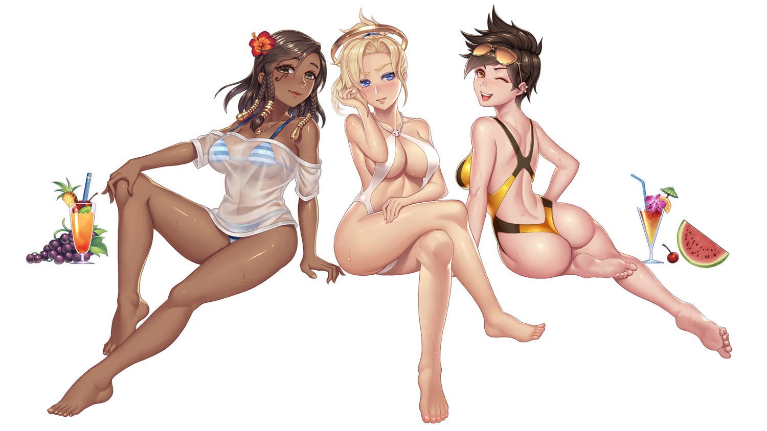 ass bikini cleavage feet leaf98k megane mercy_(overwatch) overwatch pharah see_through sling_bikini swimsuits tattoo tracer wet_clothes