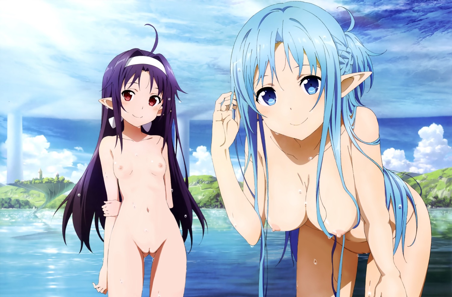 alfheim_online asuna_(sword_art_online) konno_yuuki nakamura_naoto naked nipples photoshop pointy_ears pussy sword_art_online uncensored wet