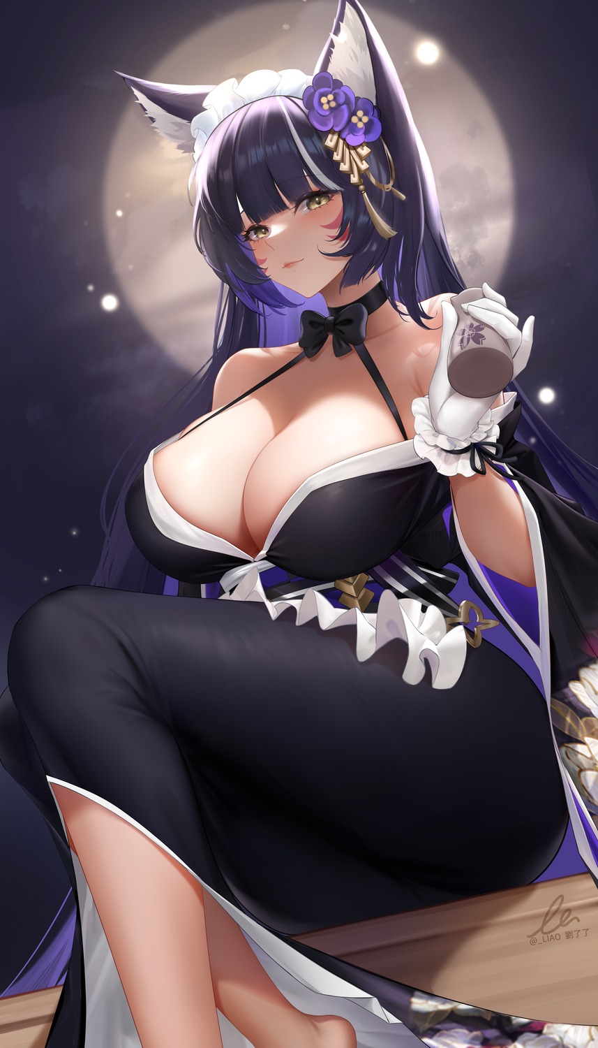 animal_ears azur_lane kitsune liu_liaoliao maid musashi_(azur_lane) no_bra open_shirt wa_maid