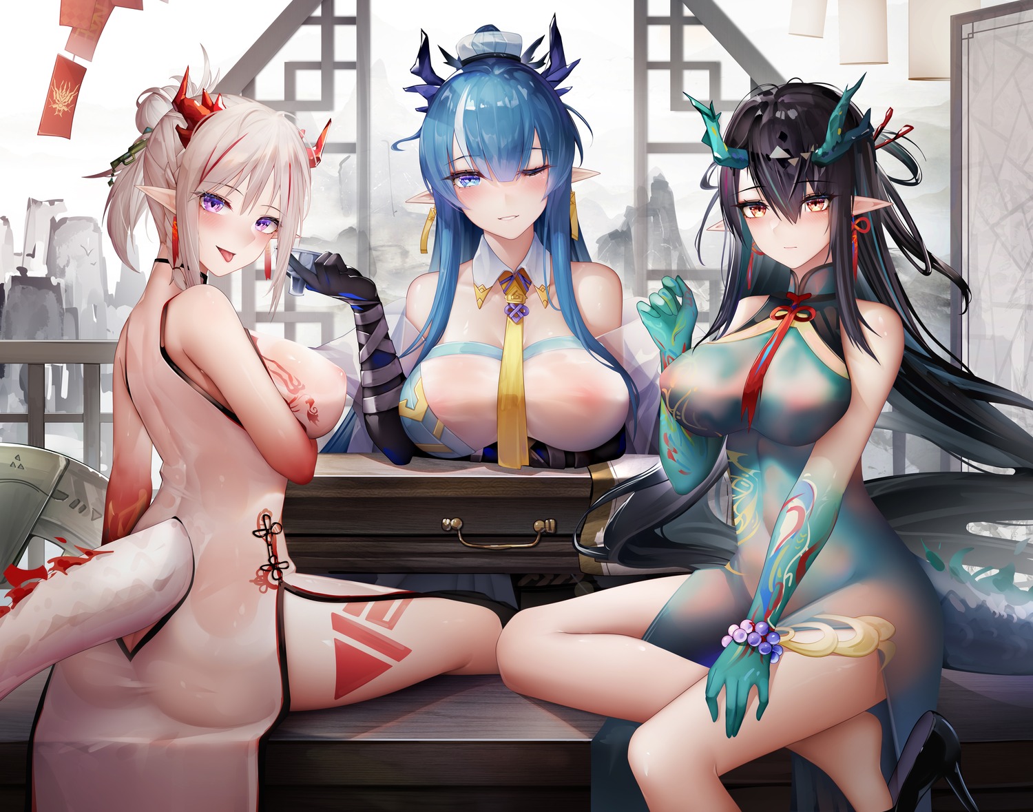 areola arknights asian_clothes ass chinadress dusk_(arknights) heels horns ling_(arknights) nian_(arknights) no_bra nopan pointy_ears see_through tail tattoo wet_clothes zhixue