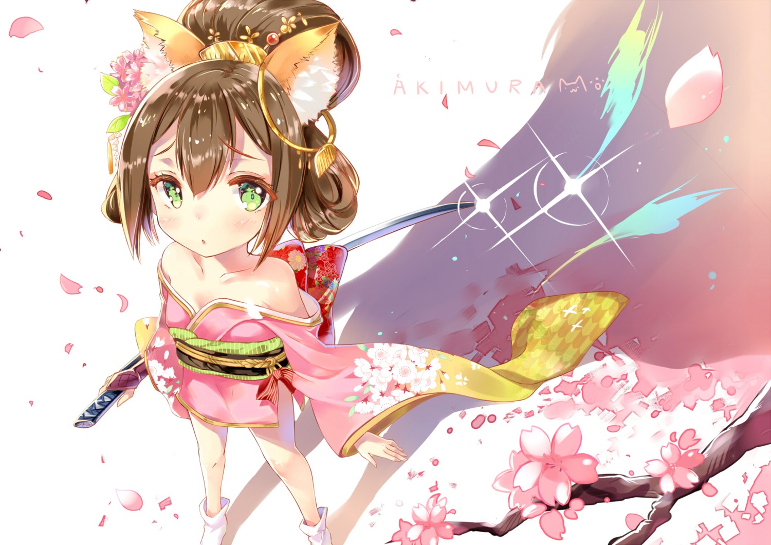 animal_ears batgo kimono no_bra open_shirt sword