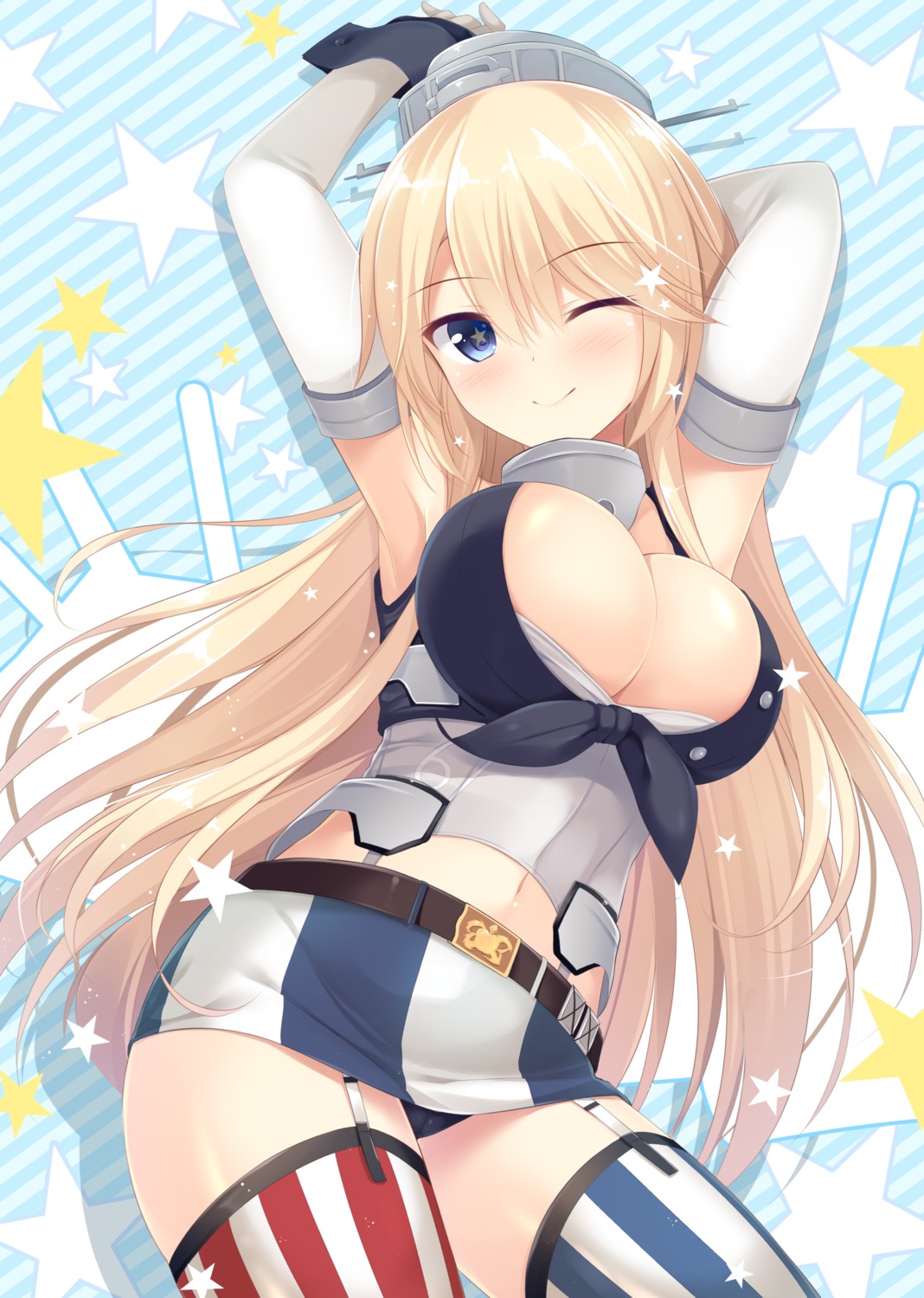 cameltoe cleavage iowa_(kancolle) kantai_collection no_bra open_shirt pantsu stockings thighhighs tomoo