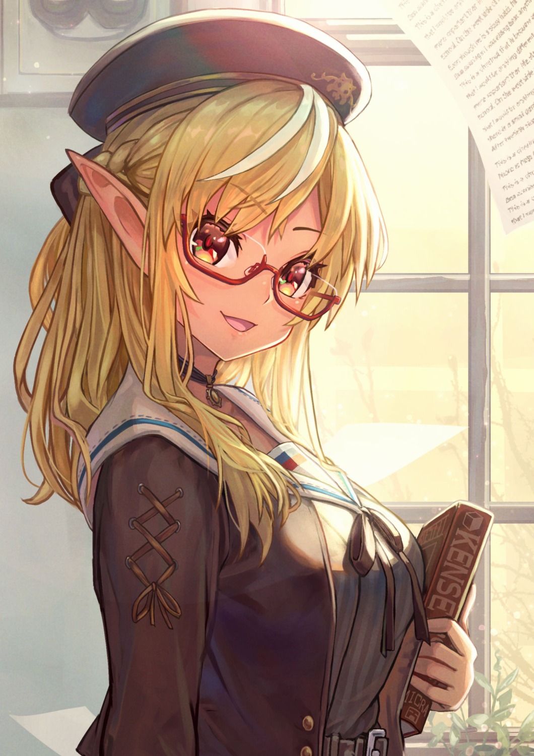 artist_revision breast_hold elf hololive megane pointy_ears sakumichi seifuku shiranui_flare