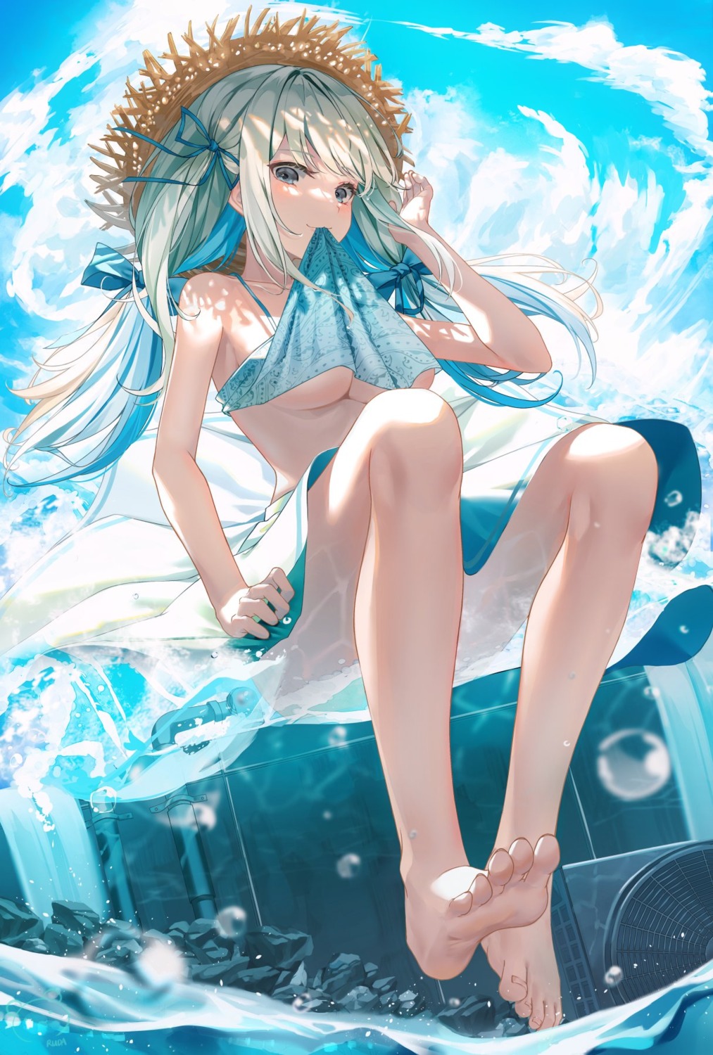 bikini feet ruda_(ruda_e) shirt_lift skirt_lift swimsuits wet