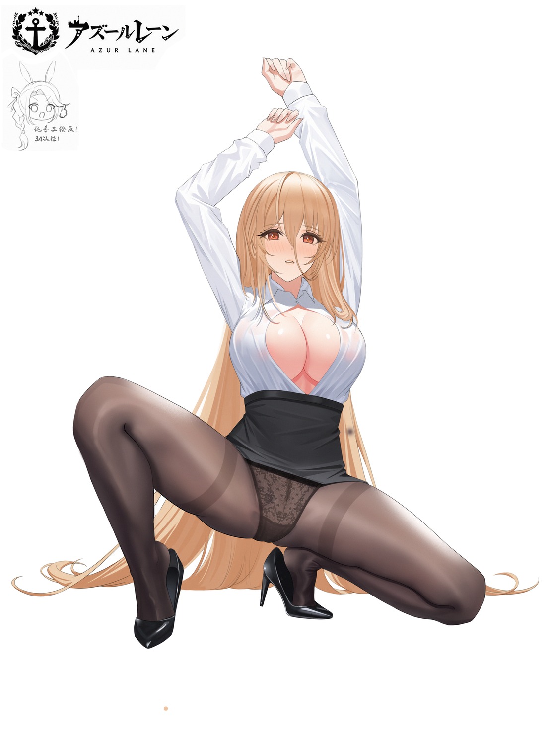 azur_lane dress_shirt heels implacable_(azur_lane) nanqizizhou no_bra open_shirt pantsu pantyhose see_through skirt_lift