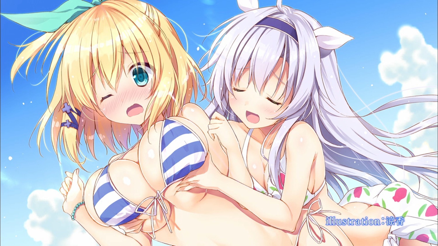 bikini breast_grab cap cleavage rokudenashi_majutsu_koushi_to_akashic_record rumia_tingel ryohka sistina_fibel swimsuits