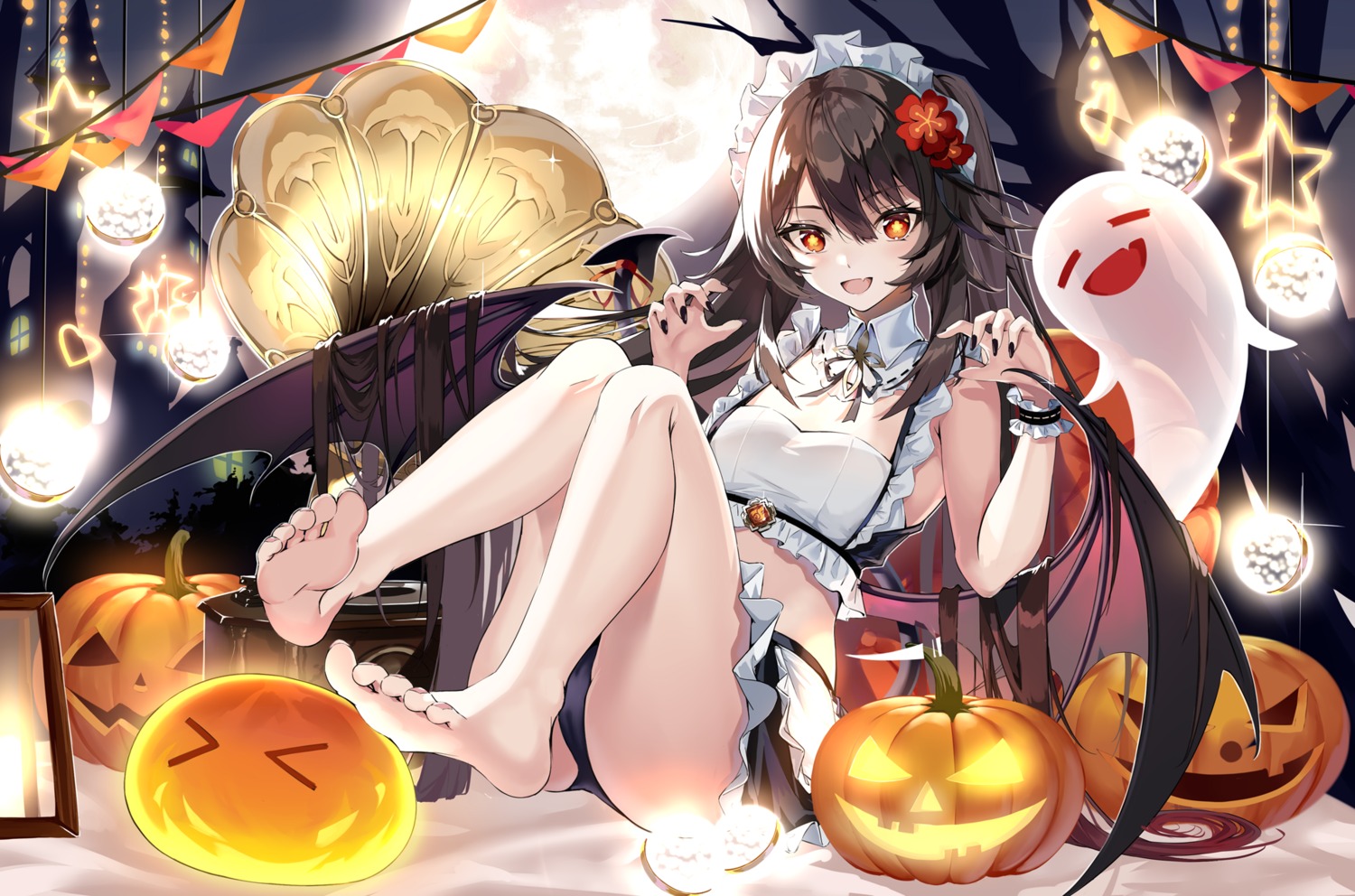 augu_(523764197) cameltoe feet genshin_impact halloween hu_tao maid pantsu skirt_lift tail wings