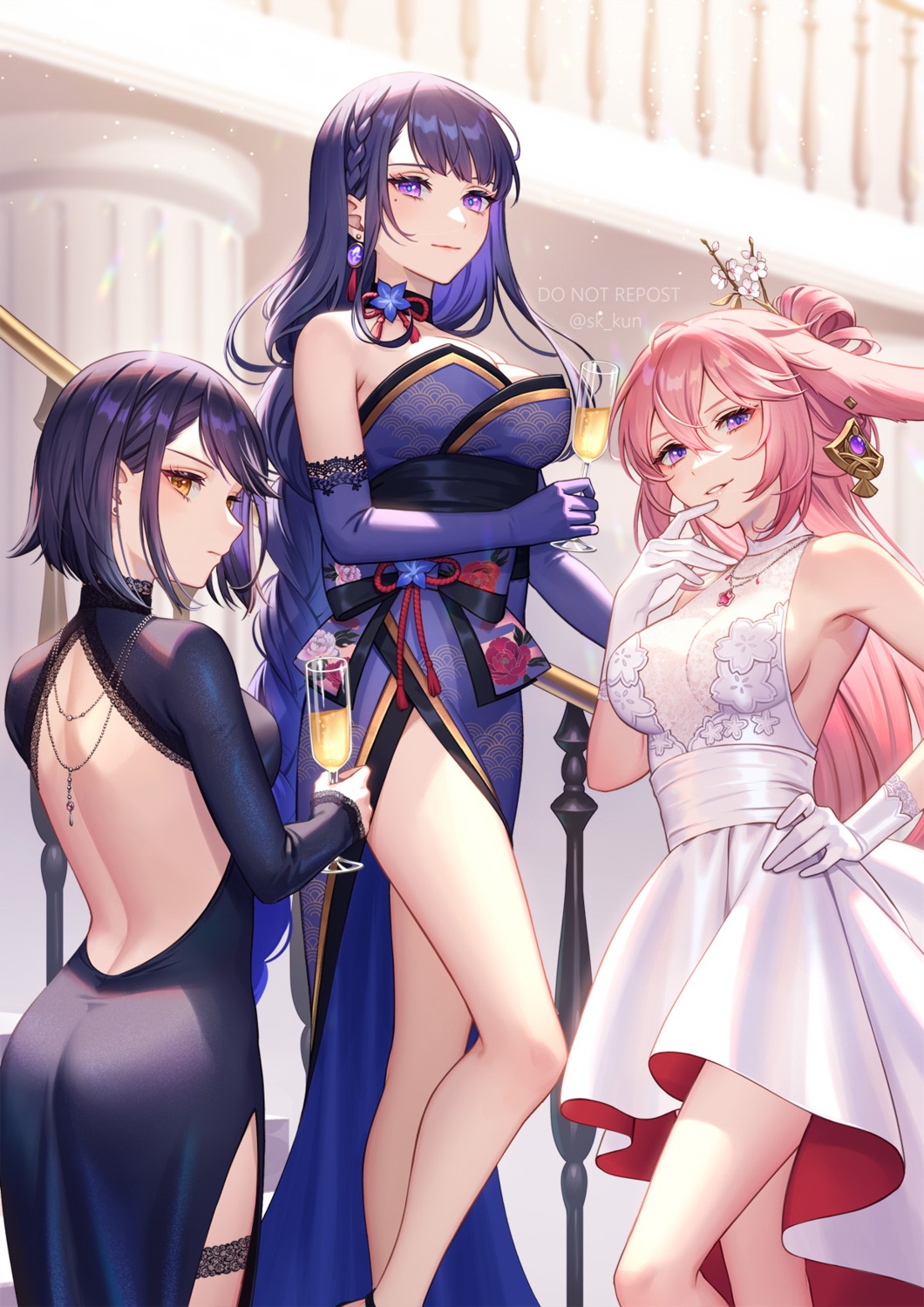 ass chinadress dress esukee garter genshin_impact japanese_clothes kujou_sara no_bra raiden_shogun see_through yae_miko