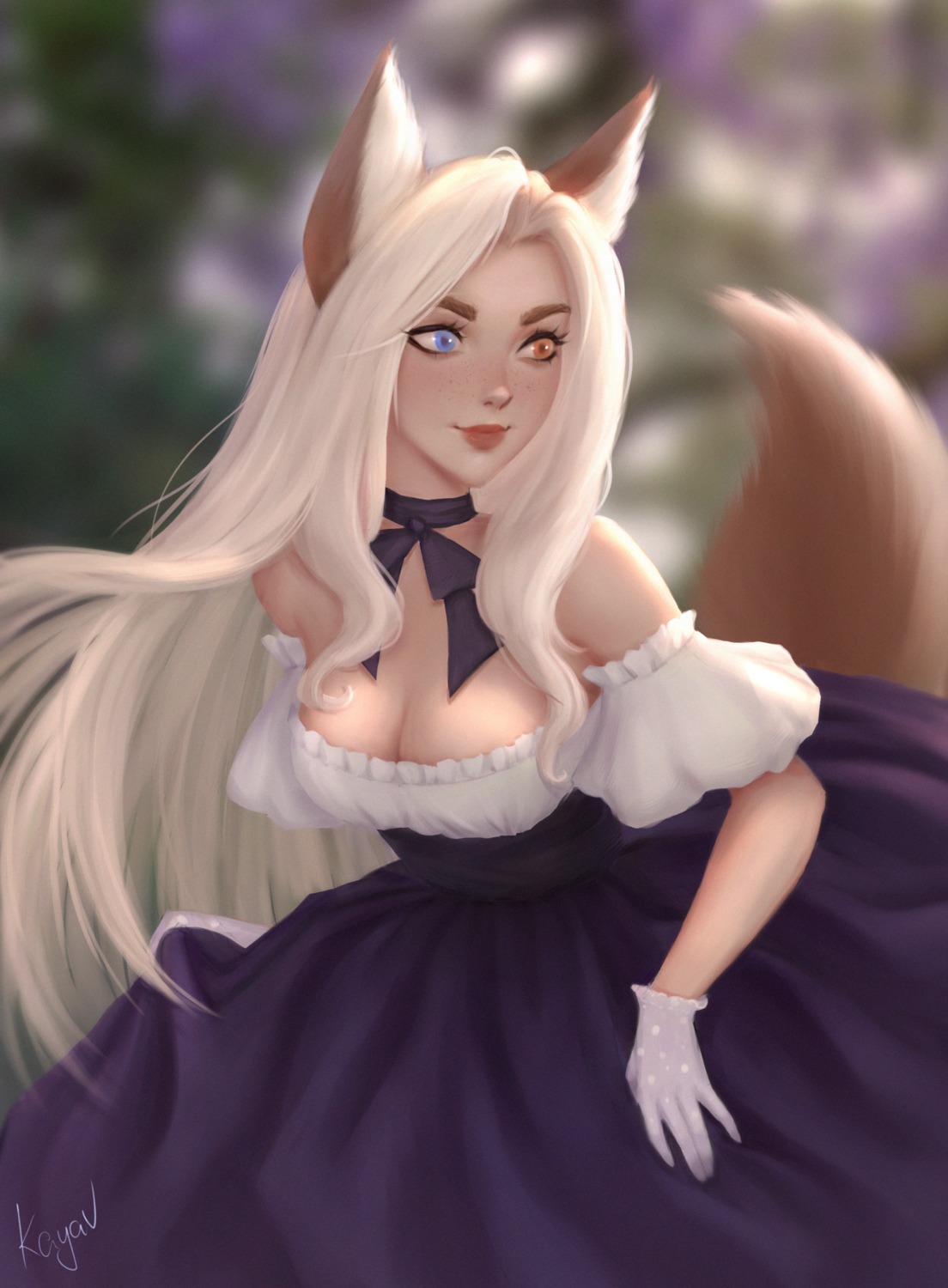 animal_ears heterochromia kayav kitsune losse no_bra tail