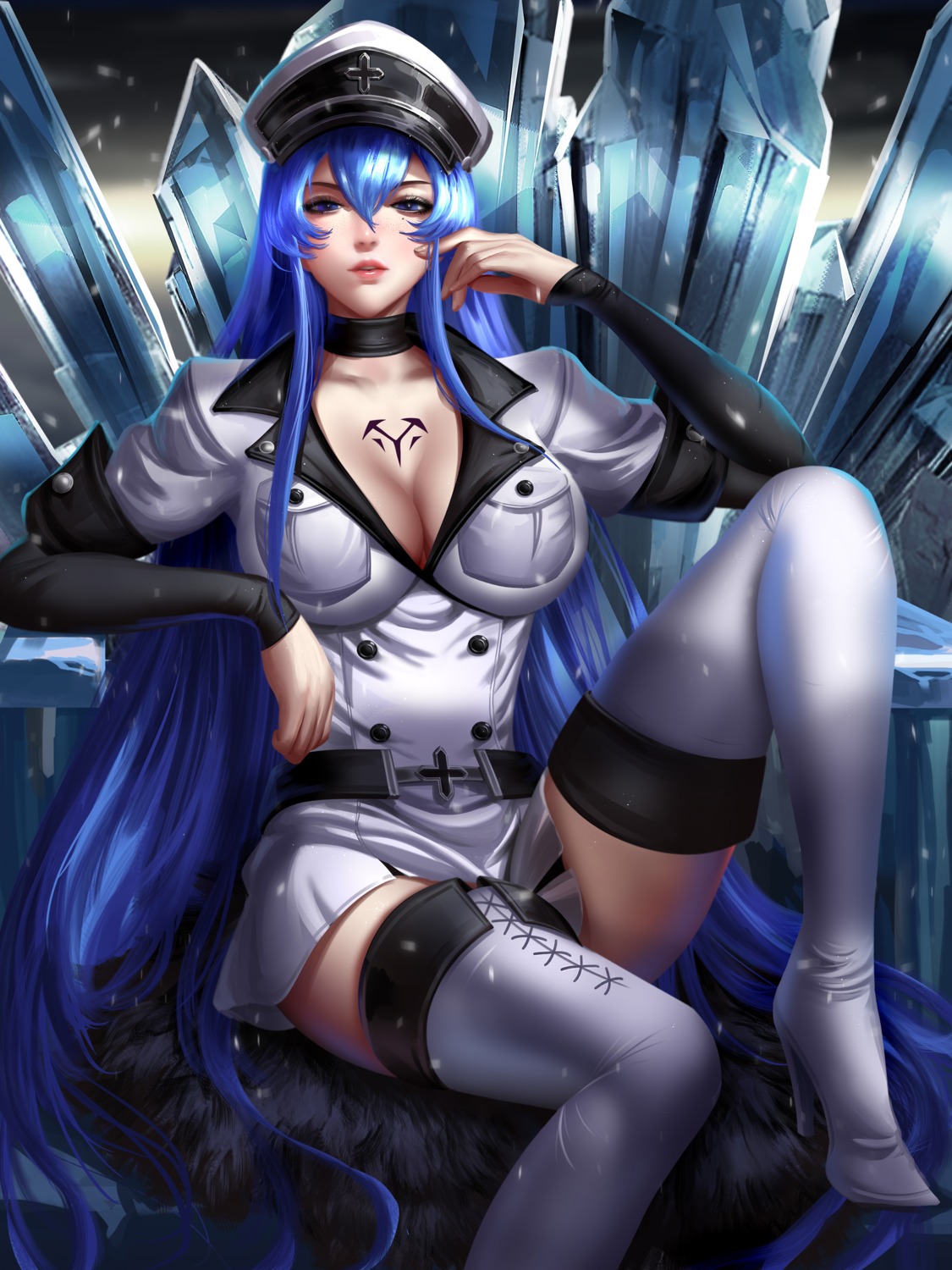 akame_ga_kill! cleavage esdeath heels liang_xing no_bra tattoo thighhighs uniform