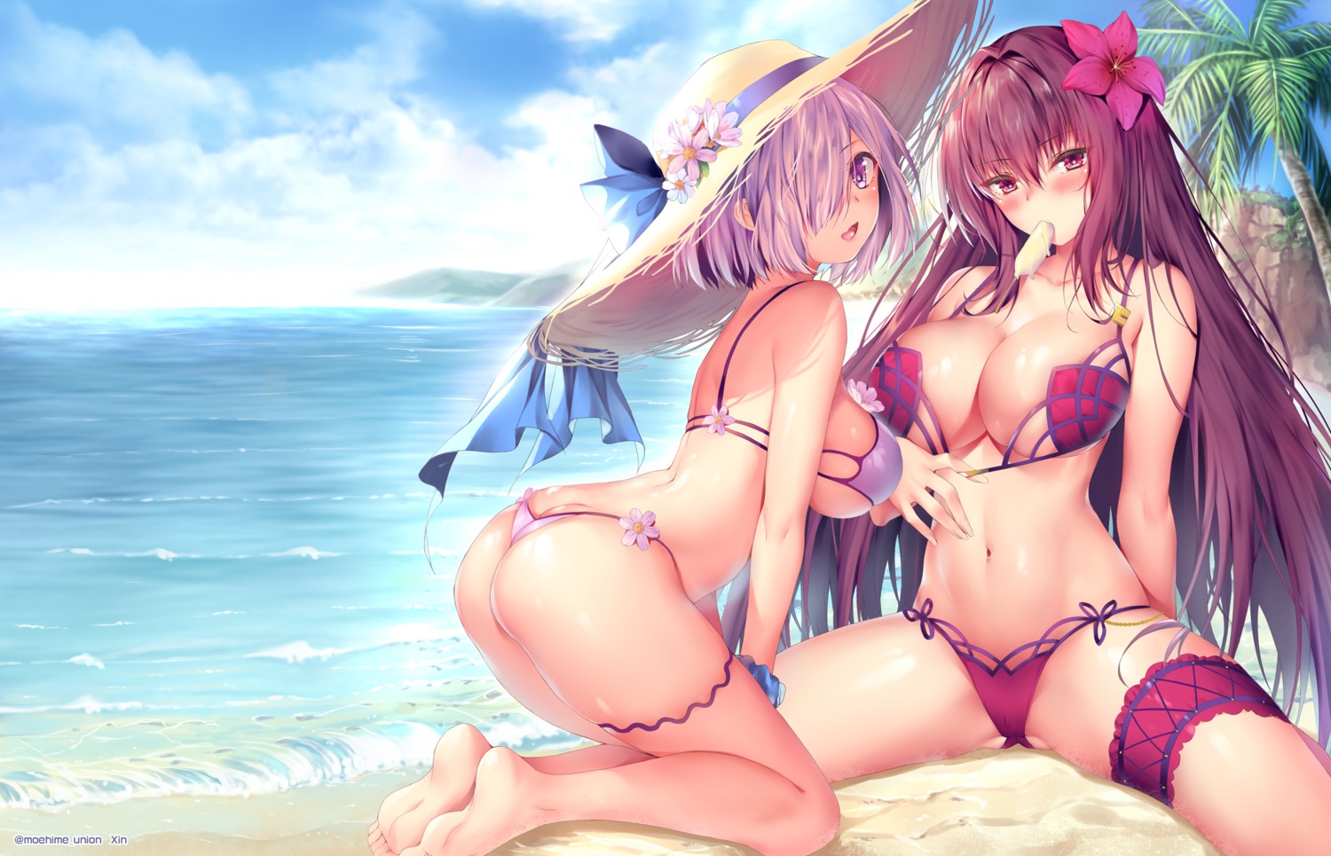 ass bikini cleavage fate/grand_order feet garter mash_kyrielight scathach_(fate/grand_order) swimsuits thong underboob xin