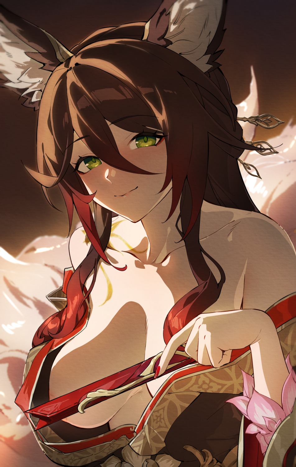 animal_ears areola breasts honkai:_star_rail japanese_clothes kitsune nashidrop no_bra open_shirt tail tattoo tingyun