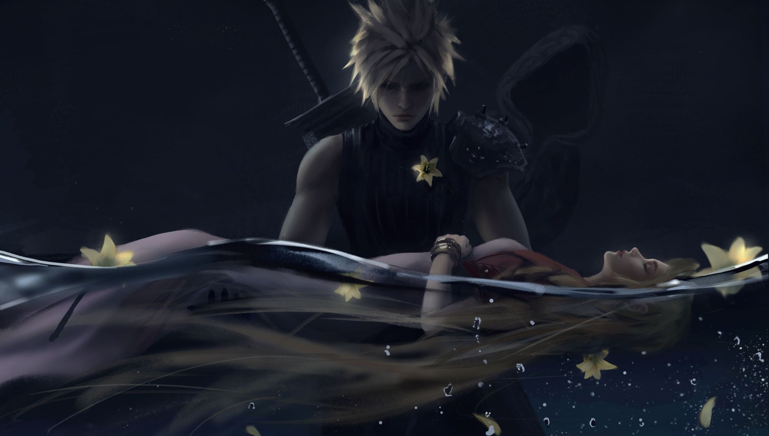 aerith_gainsborough cloud_strife final_fantasy final_fantasy_vii sword wet wlop