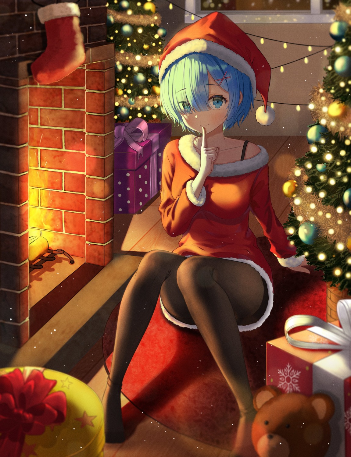 christmas dress pantyhose re_zero_kara_hajimeru_isekai_seikatsu rem_(re_zero) skirt_lift ttusee5