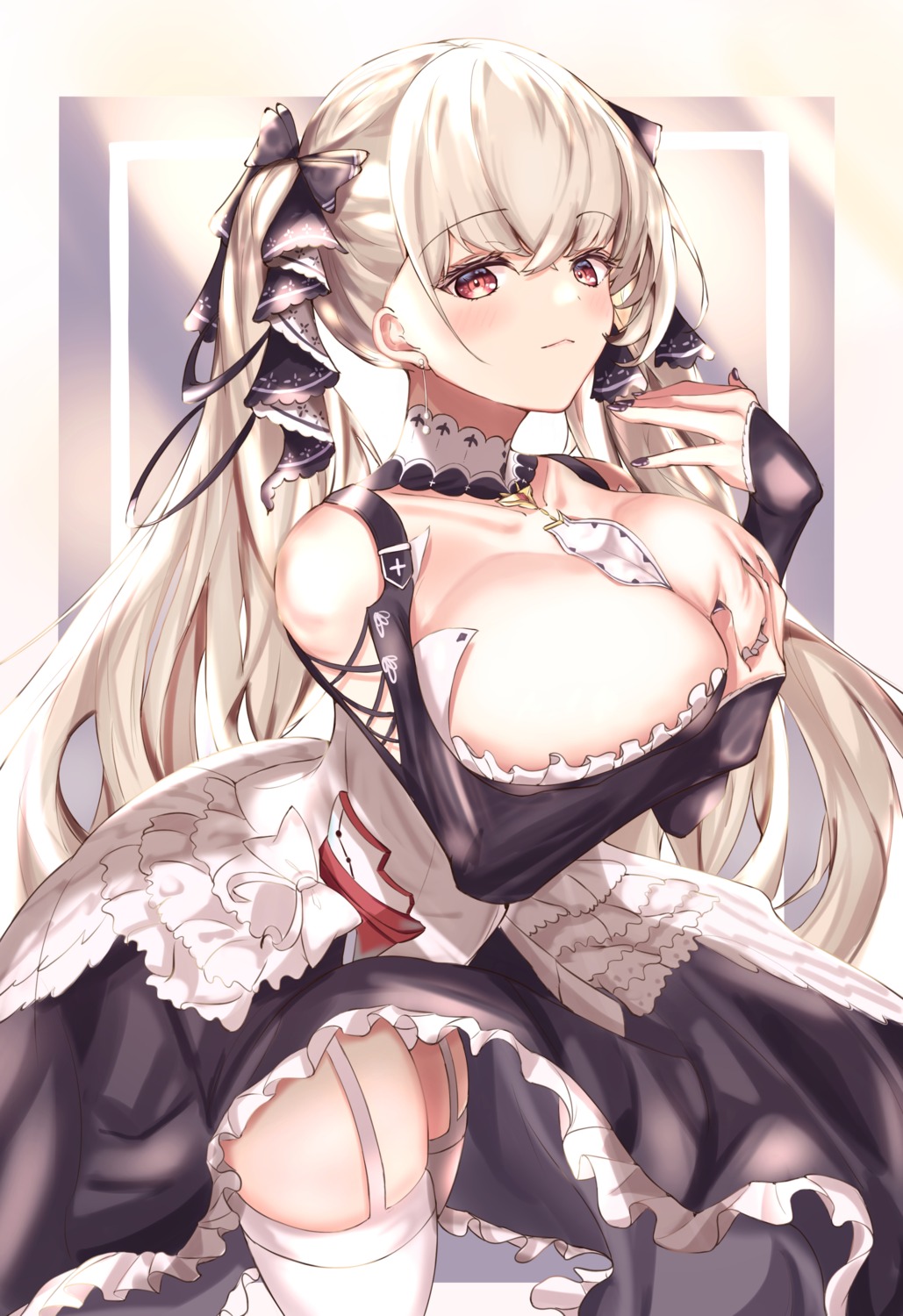 azur_lane breast_hold formidable_(azur_lane) gothic_lolita lolita_fashion mitty_(artist) no_bra pantsu skirt_lift stockings thighhighs