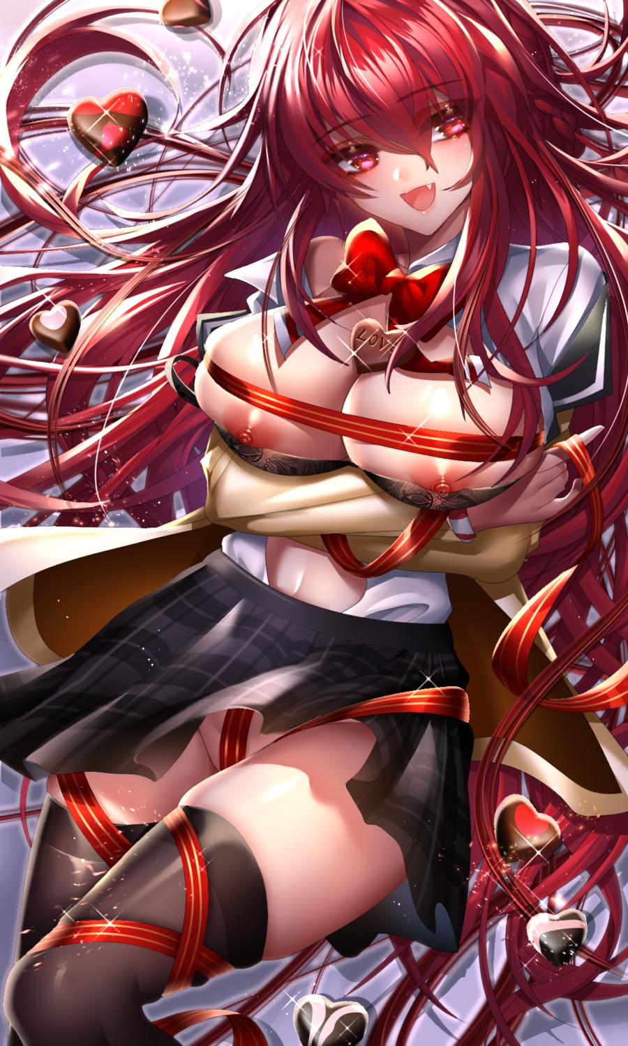 been bra breast_hold breasts elesis elsword nipples nopan open_shirt seifuku skirt_lift thighhighs valentine