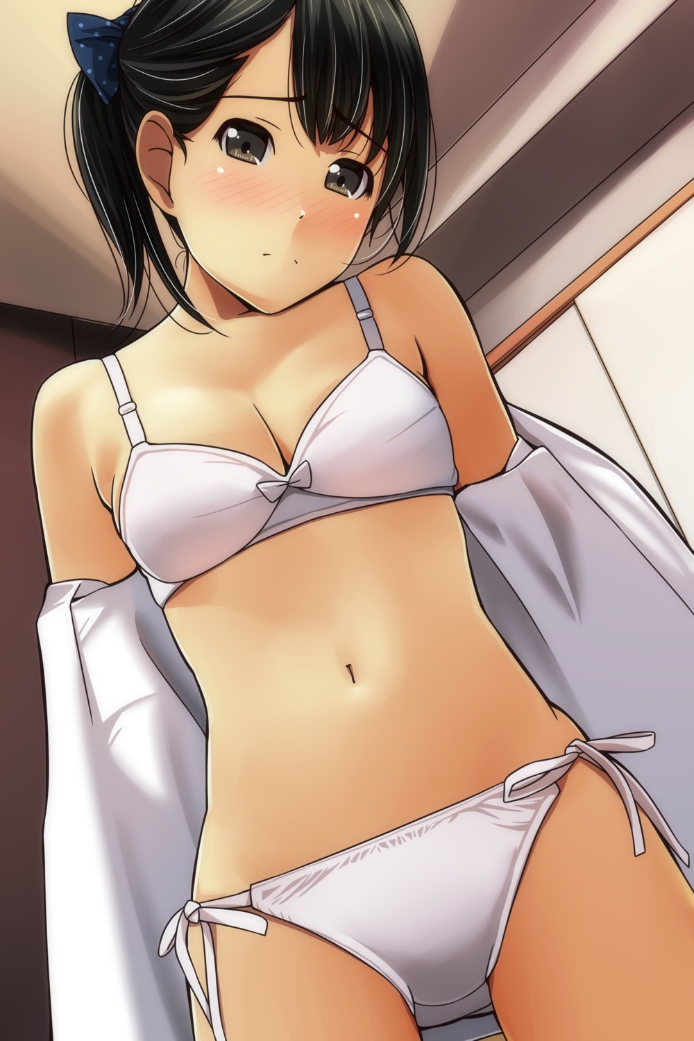 bra cleavage matsunaga_kouyou open_shirt pantsu string_panties