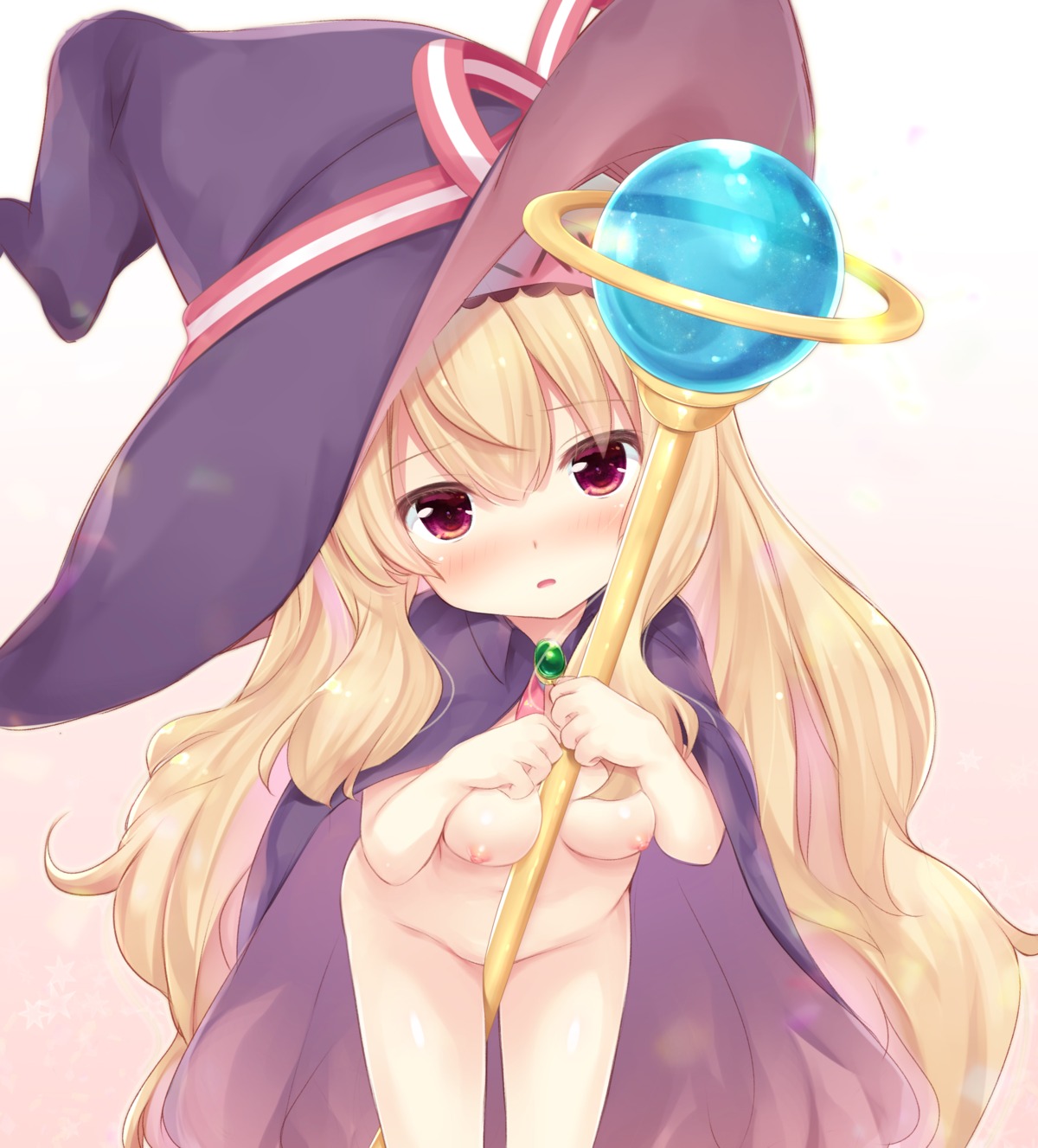 breast_hold little_witch_nobeta loli naked_cape nipples nobeta shizukawashi_sumi weapon witch