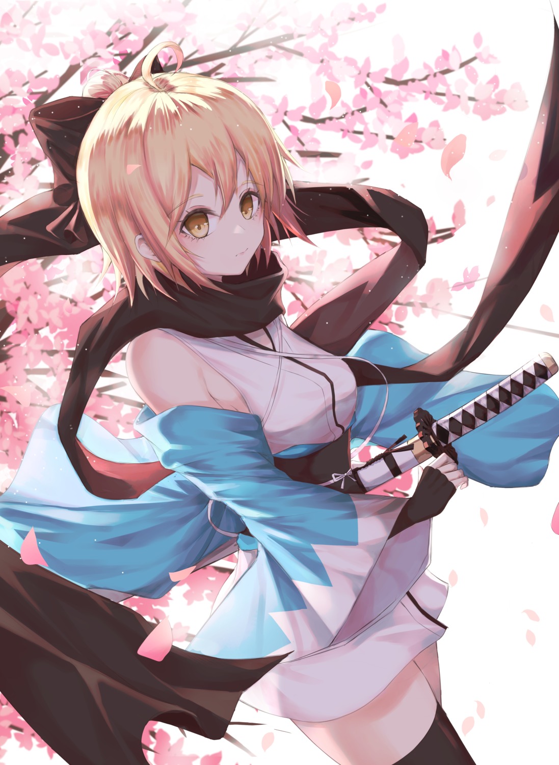 fate/grand_order hyangu japanese_clothes okita_souji_(fate) sword thighhighs