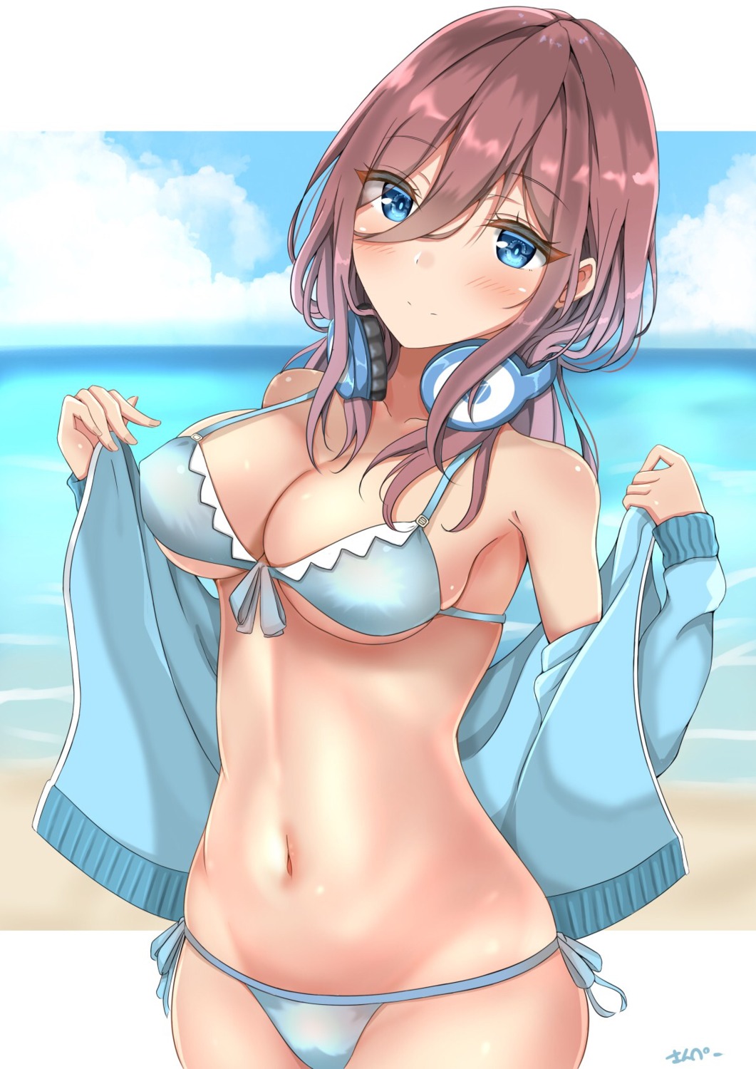 5-toubun_no_hanayome bikini cleavage headphones nakano_miku open_shirt sunpe swimsuits underboob undressing