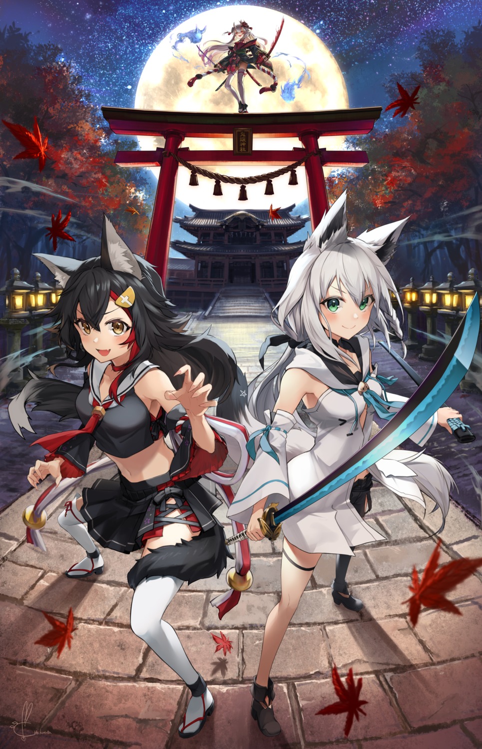 animal_ears garter heels hololive hololive_gamers horns japanese_clothes kito_koruta kitsune nakiri_ayame ookami_mio seifuku shirakami_fubuki skirt_lift sword tail thighhighs