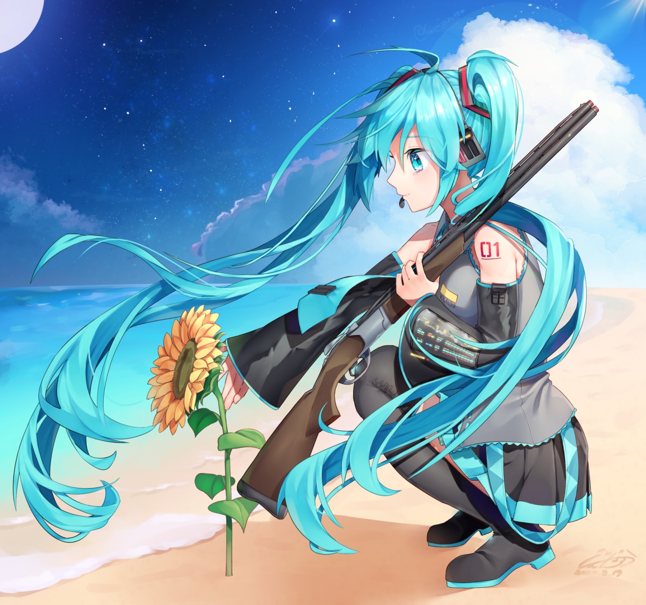 gun gunjou_row hatsune_miku headphones skirt_lift thighhighs vocaloid