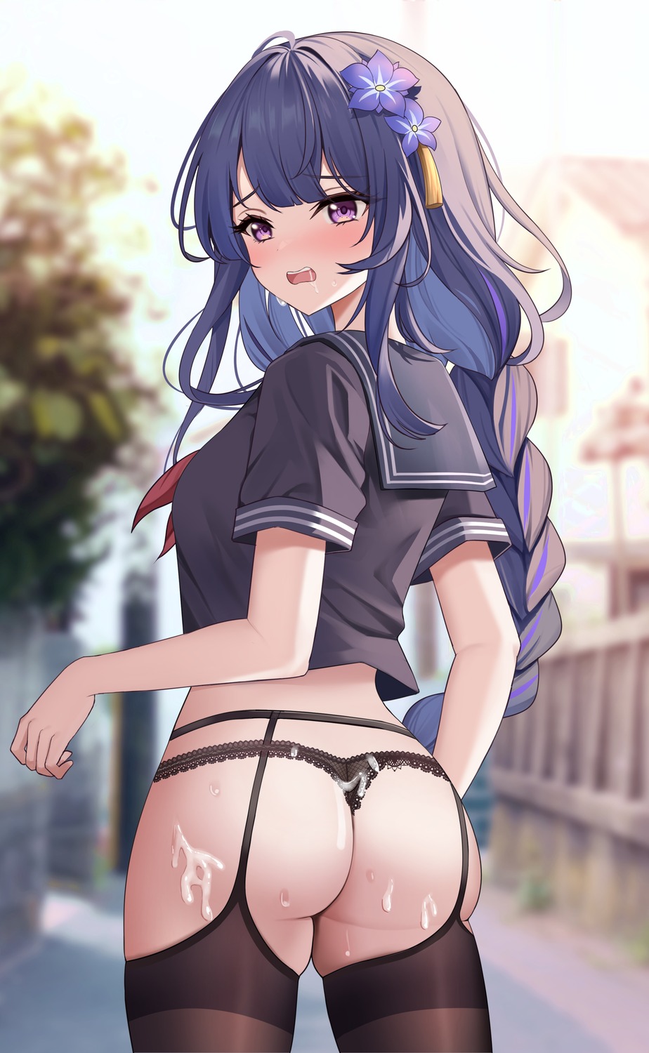 ass cum garter_belt genshin_impact icewine pantsu raiden_shogun seifuku stockings thighhighs thong