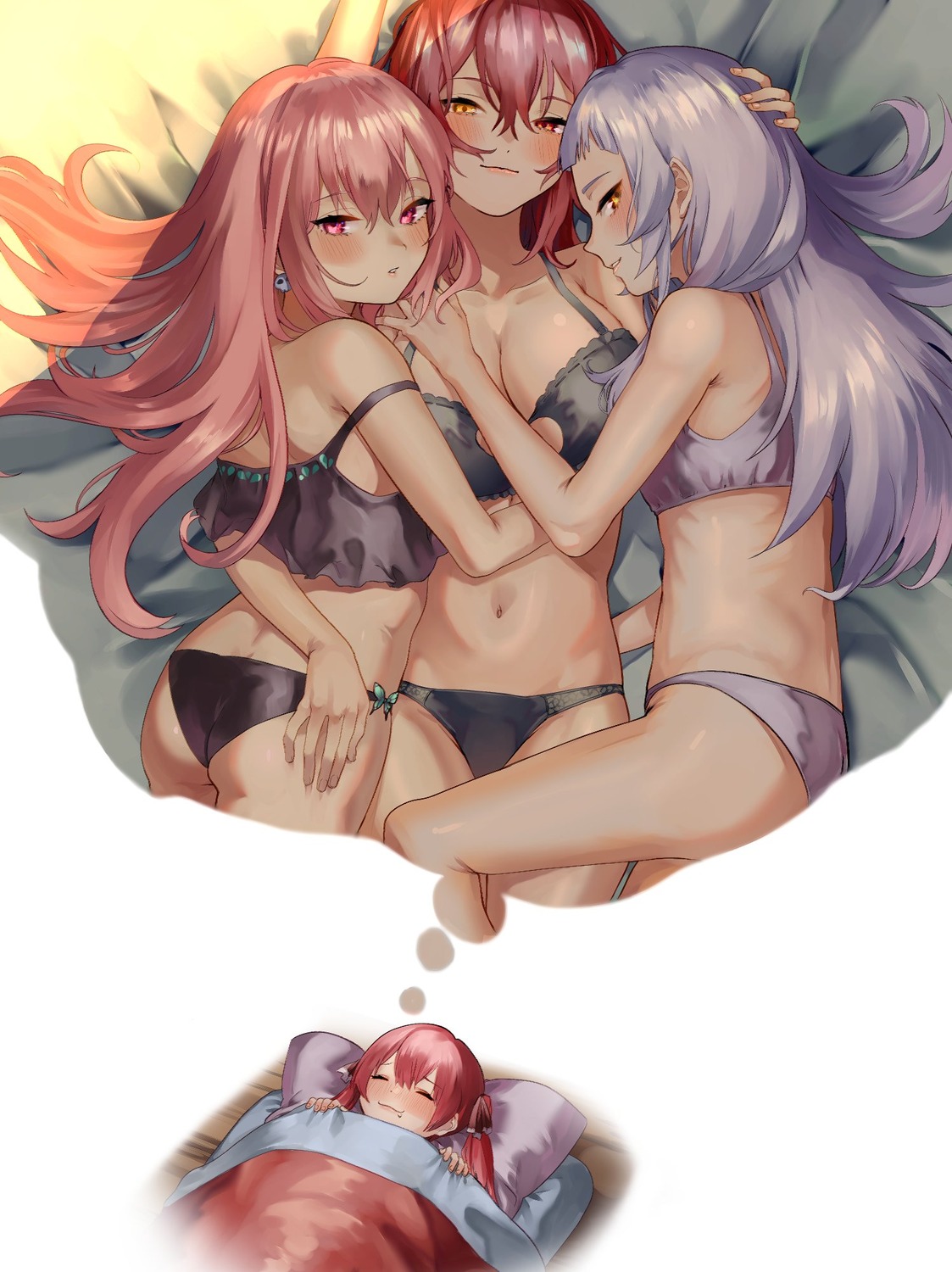 ass bra breast_hold eredhen heterochromia hololive houshou_marine lingerie murasaki_shion pantsu sheets uruha_rushia yuri