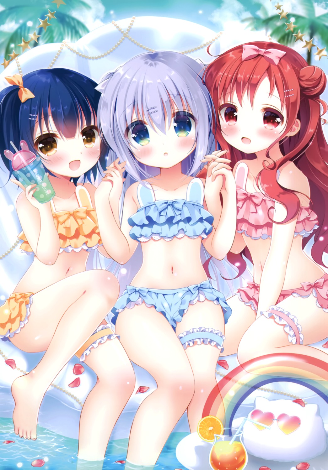 aono_ribbon bikini detexted garter gochuumon_wa_usagi_desu_ka? jouga_maya kafuu_chino loli megane natsu_megumi skirt_lift swimsuits tippy_(gochuumon_wa_usagi_desu_ka?) wet