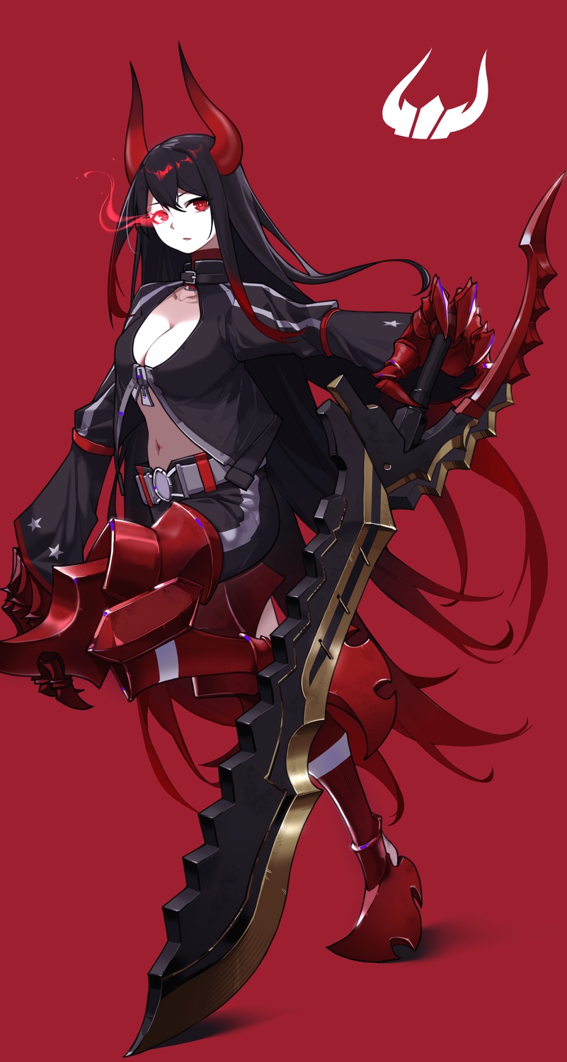 armor black_gold_saw black_rock_shooter cleavage horns no_bra rejan_(pixiv_11281403) sword