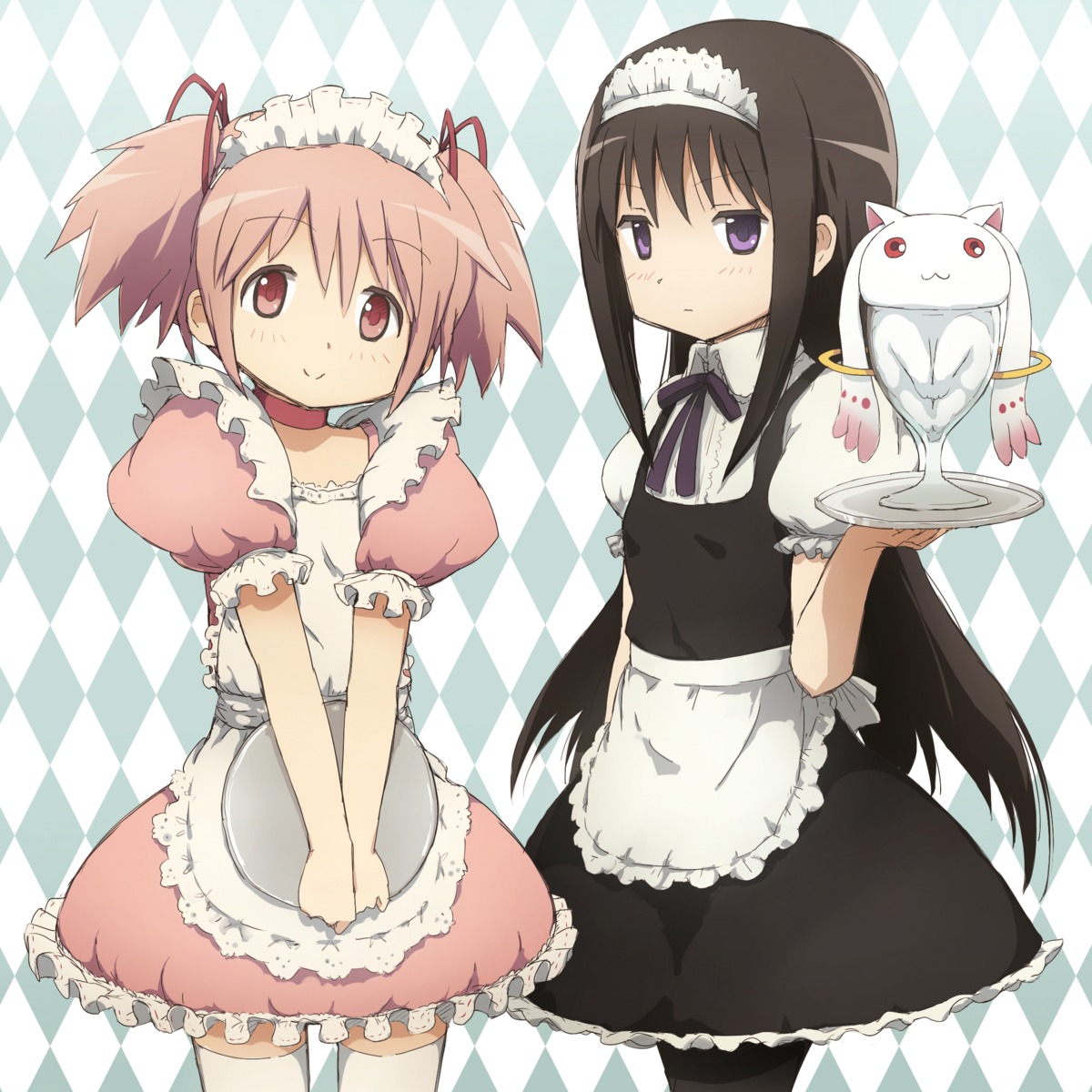 akemi_homura kaname_madoka kyubey pantyhose puella_magi_madoka_magica takunama thighhighs waitress