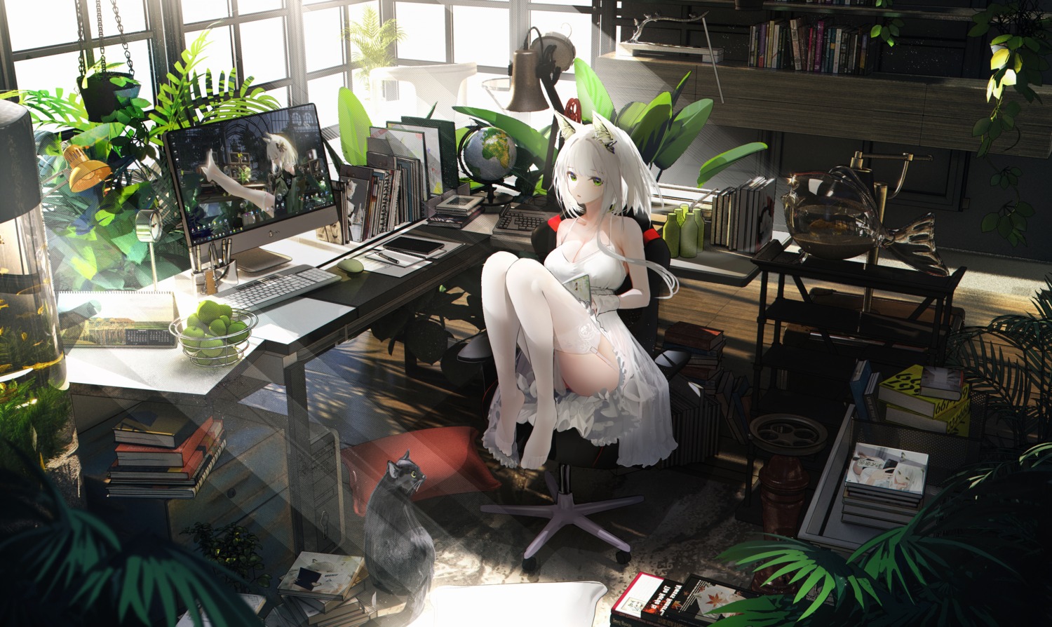 animal_ears arknights dress kal'tsit_(arknights) neko omone_hokoma_agm skirt_lift stockings thighhighs