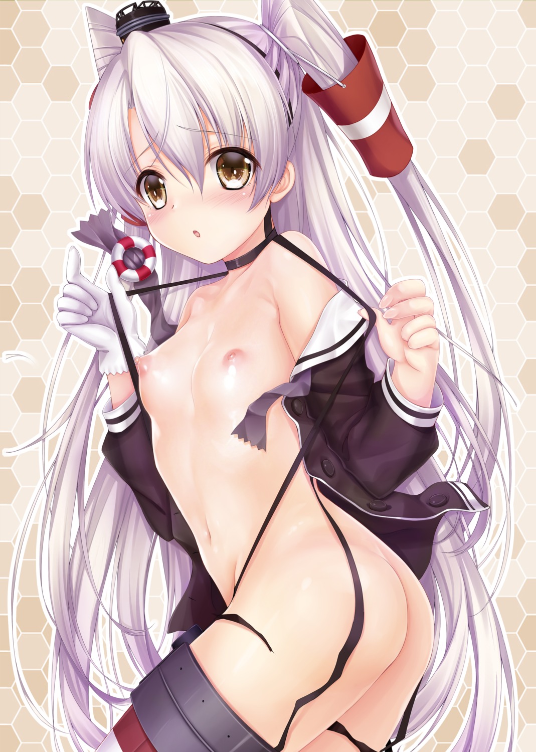 amatsukaze_(kancolle) kantai_collection loli moe_hime nipples no_bra nopan obiwan open_shirt stockings thighhighs xin