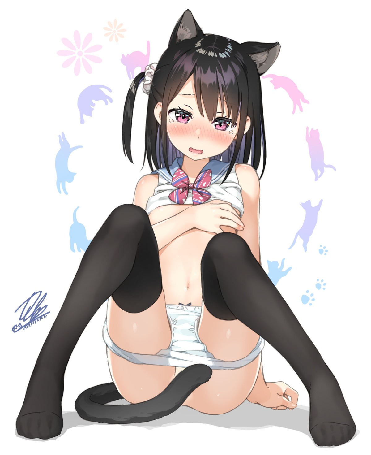 breast_hold breasts feet kantoku neko no_bra pantsu panty_pull seifuku shirt_lift shizuku_(kantoku) tail thighhighs