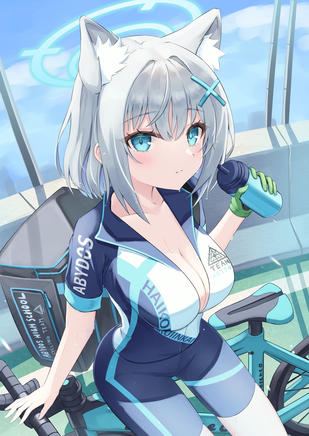 animal_ears bike_shorts blue_archive cleavage gym_uniform halo hitsuji_(myn_mei) nekomimi no_bra open_shirt sunaookami_shiroko