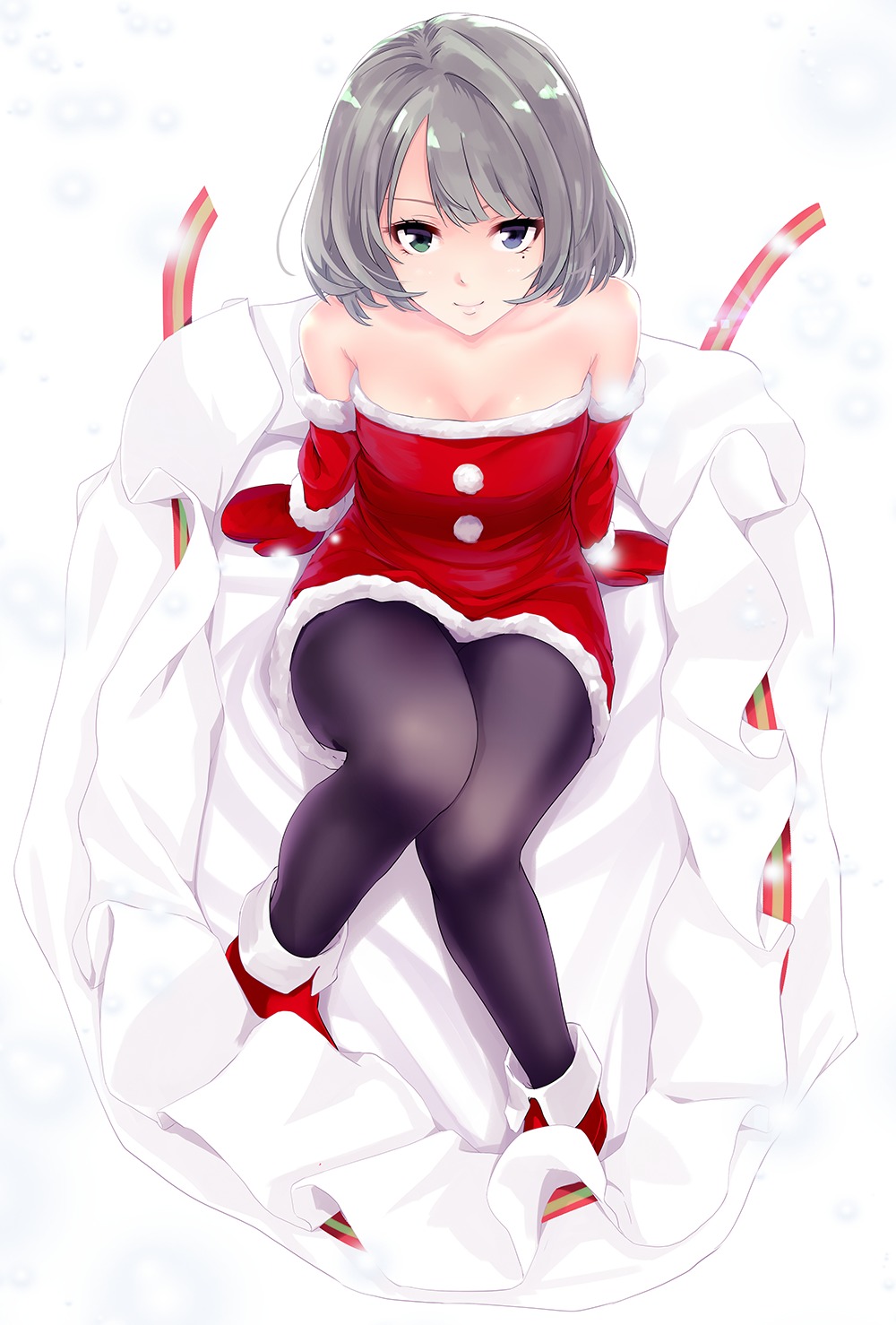 christmas cleavage dress heterochromia infinote pantyhose takagaki_kaede the_idolm@ster the_idolm@ster_cinderella_girls