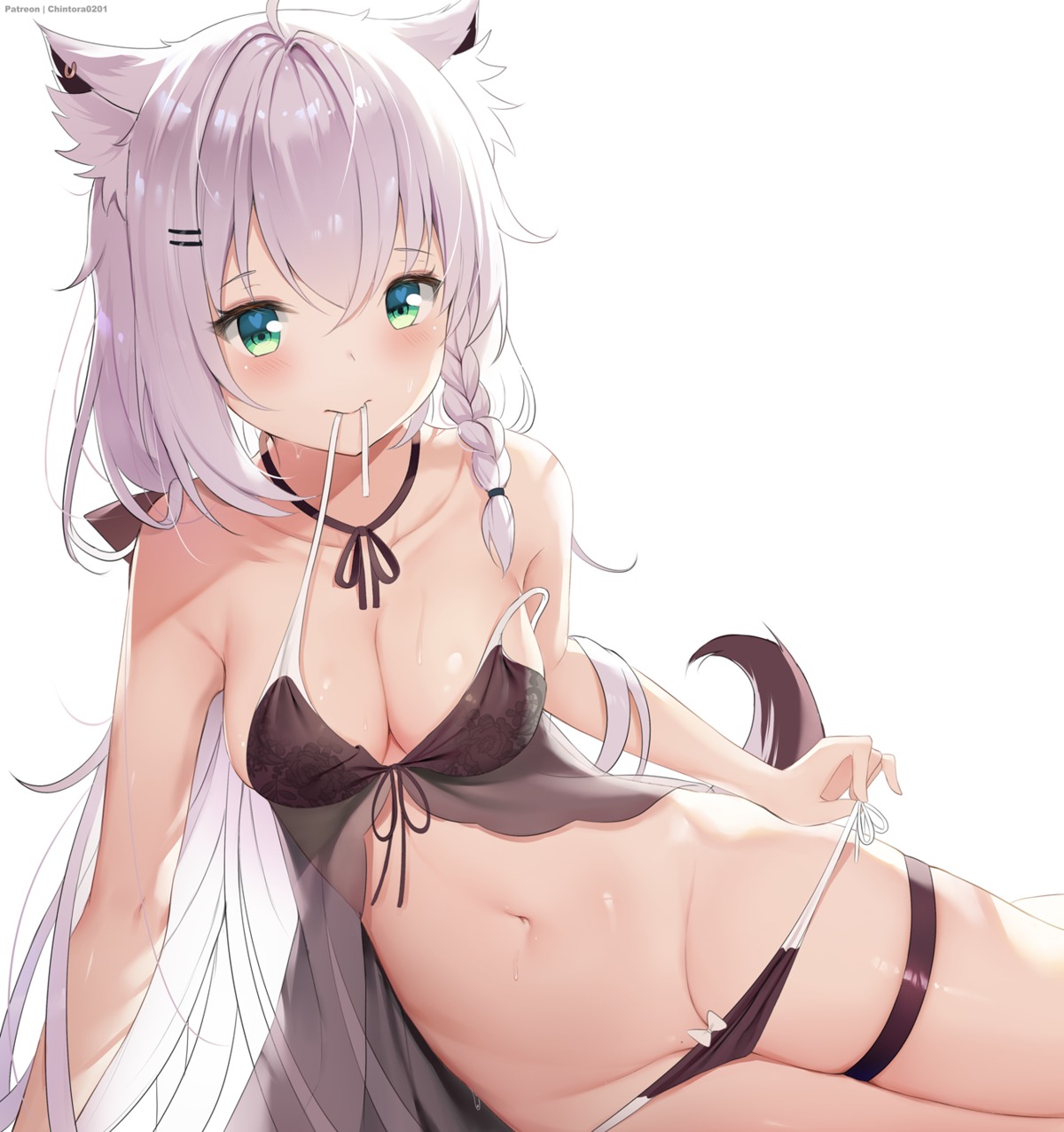 animal_ears bra chintora0201 cleavage garter hololive hololive_gamers lingerie pantsu panty_pull see_through shirakami_fubuki tail undressing