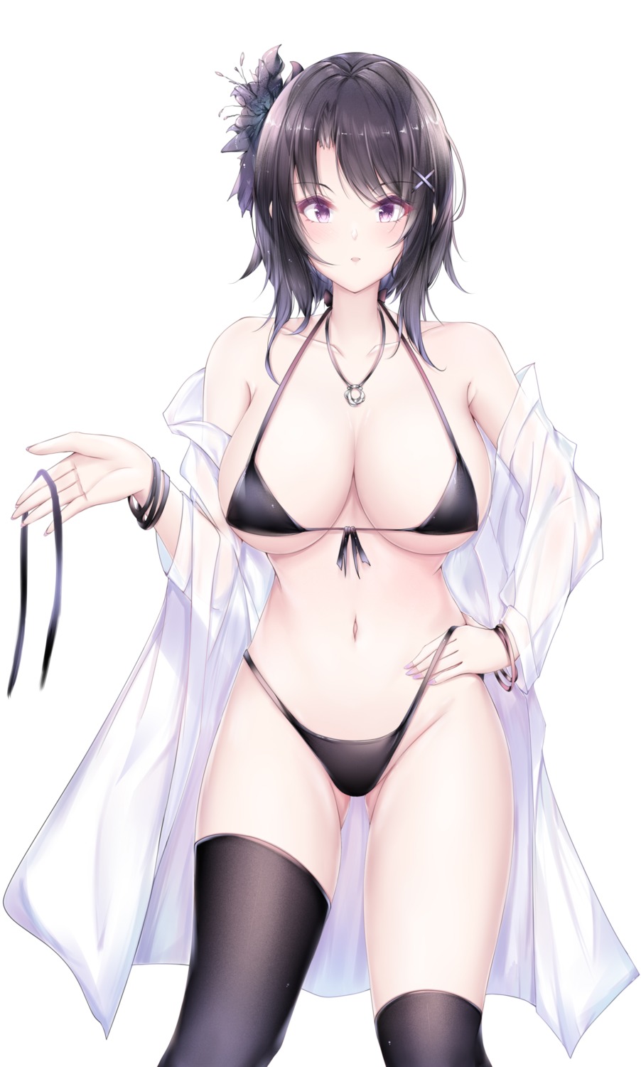 1921494015 bikini open_shirt panty_pull see_through swimsuits thighhighs