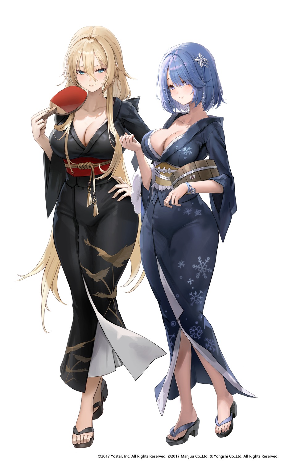 azur_lane bismarck_(azur_lane) chapayev_(azur_lane) freng heels no_bra open_shirt yukata