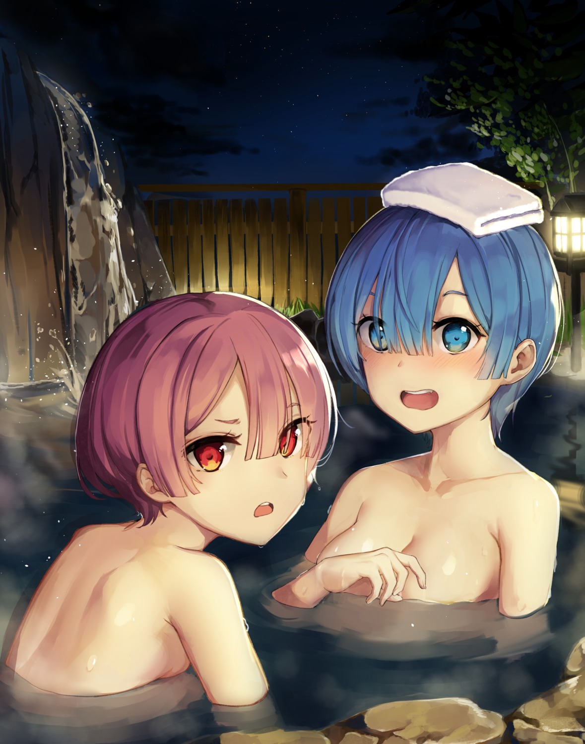 bada_(jksh5056) bathing breast_hold naked onsen ram_(re_zero) re_zero_kara_hajimeru_isekai_seikatsu rem_(re_zero) wet