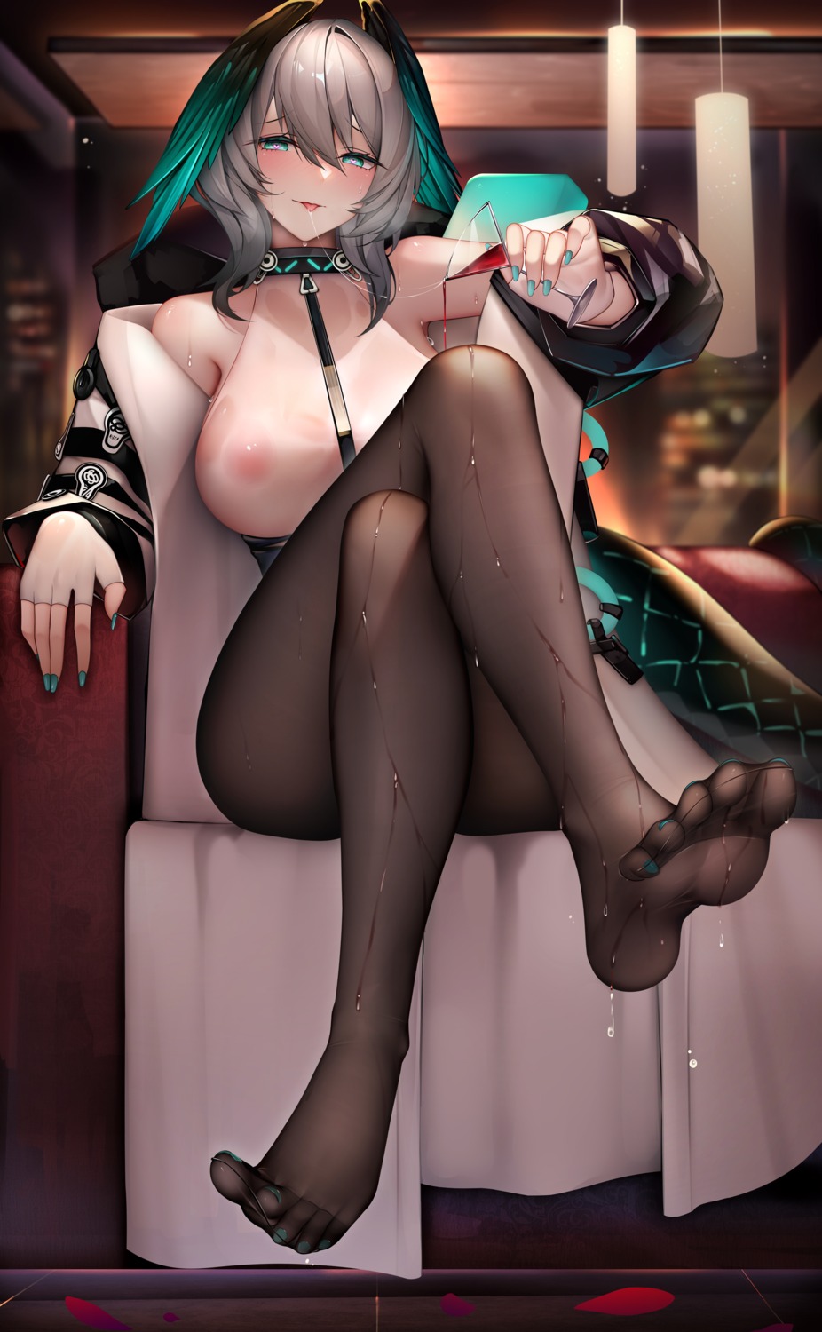 areola arknights feet ho'olheyak no_bra pantyhose see_through tail wet wet_clothes wings zhixue