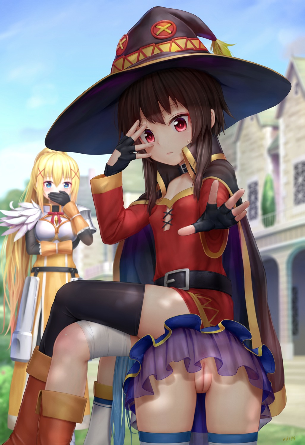 aki99 anus aqua_(konosuba) armor ass bandages dustiness_ford_raratina erect_nipples kono_subarashii_sekai_ni_shukufuku_wo! megumin no_bra nopan pussy see_through thighhighs uncensored witch