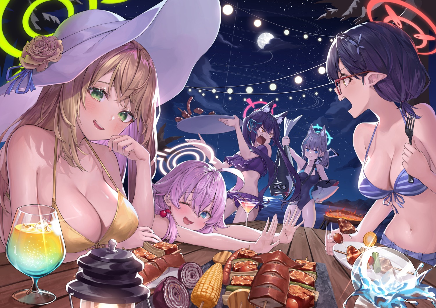 animal_ears bikini bikini_top blue_archive halo izayoi_nonomi kuromi_serika megane nanaomi_(ryniix) nekomimi okusora_ayane pointy_ears sunaookami_shiroko swimsuits takanashi_hoshino