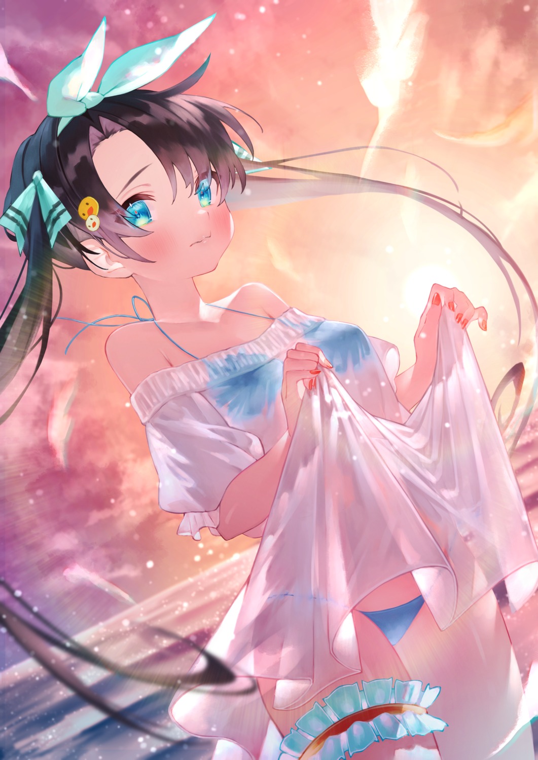 bikini dress garter hololive oozora_subaru rin31153336 see_through skirt_lift summer_dress swimsuits wet_clothes